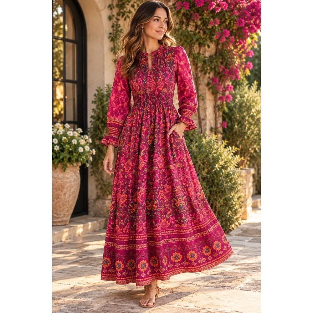 Celina Moon NWT Floral Smocked Maxi Dress S Pink Boho Long Sleeve Festival